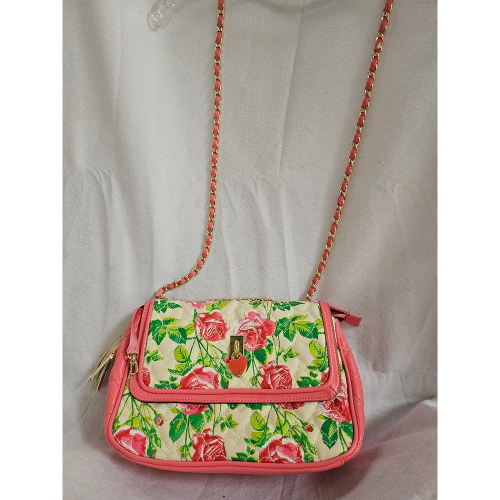 Betsey Johnson Pink Rose Floral Quilted Crossbody Bag Heart Padlock Tassel
